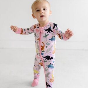 Little Sleepies Pink Jurassic Jungle Dino Zippy 6-12M Bamboo Pajamas GUC